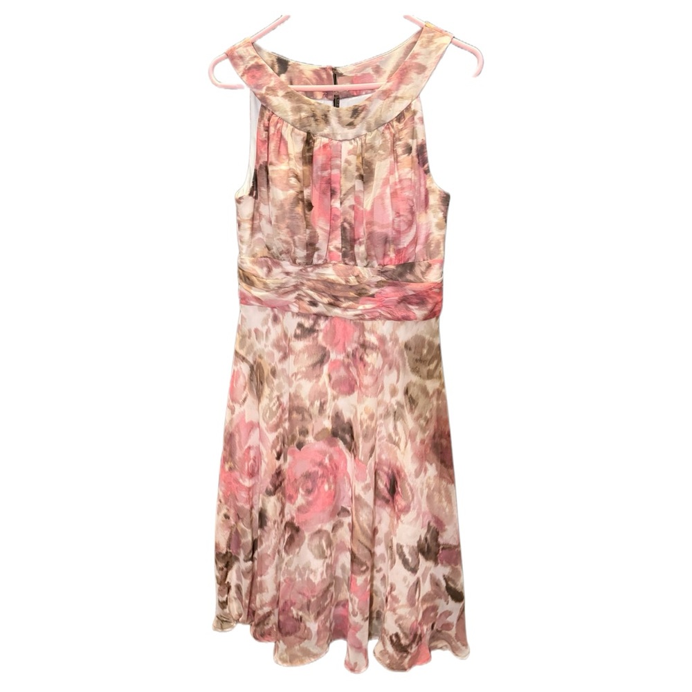 Connected Apparel Pink and Brown abstract floral Patterned Dress